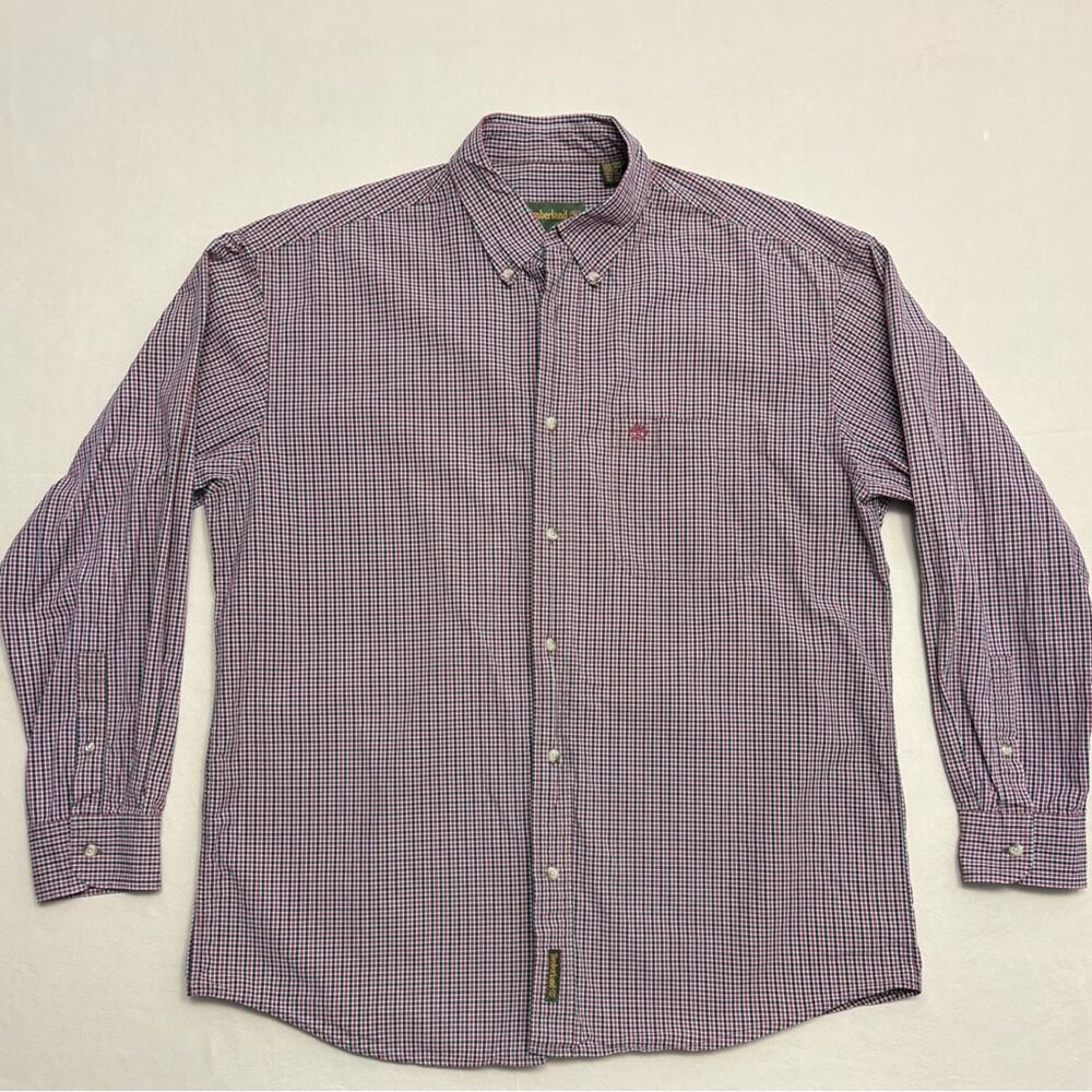 Timberland Men's Red and Navy Plaid Long Sleeve Button Down Shirt Size Large